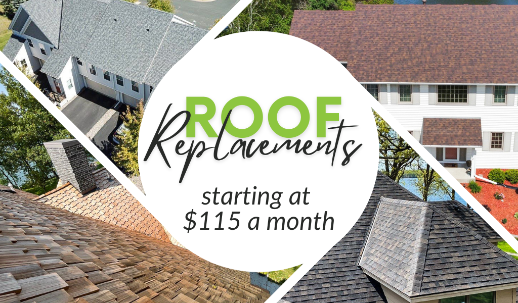 Image showcasing four diverse roof replacements, with a headline 'Roof Replacement' and smaller text reading 'Starting at $115 a month.
