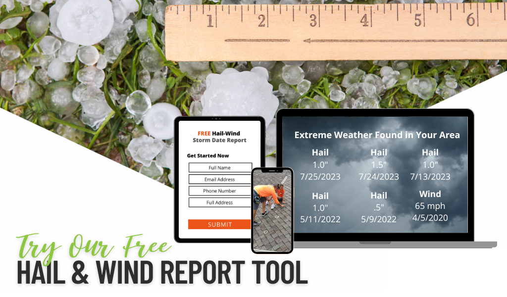 Image depicting hail being measured by a ruler in the background, alongside a laptop, iPad, and phone showcasing our free hail and wind reporting tool.
