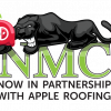 A powerful panther holds the Apple Roofing logo above the letters "NMC," with the text "Now In Partnership with Apple Roofing" below.